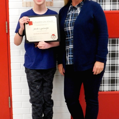 Jacob Lyninger is pictured with Lisa Milliron, teacher of the visually impaired, Franklin City Schools.